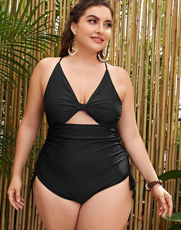 FULLFITALL-Black V-Neck Sideways Lace-Up One Piece Swimsuit FULLFITALL-Black V-Neck Sideways Lace-Up One Piece Swimsuit