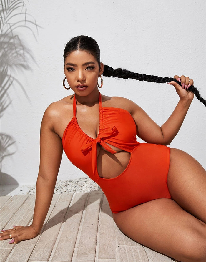 FULLFITALL-Deep Orange V-Neck Halterneck Lace One Piece Swimsuit FULLFITALL-Deep Orange V-Neck Halterneck Lace One Piece Swimsuit