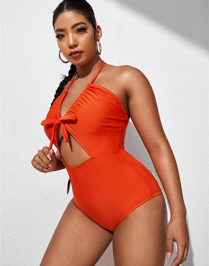 FULLFITALL-Deep Orange V-Neck Halterneck Lace One Piece Swimsuit FULLFITALL-Deep Orange V-Neck Halterneck Lace One Piece Swimsuit