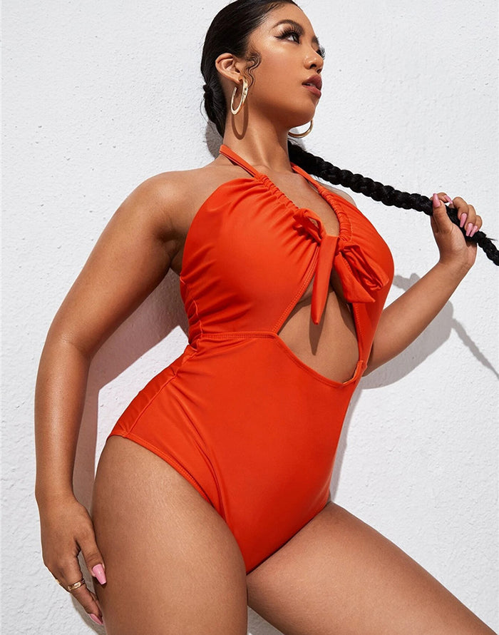 FULLFITALL-Deep Orange V-Neck Halterneck Lace One Piece Swimsuit FULLFITALL-Deep Orange V-Neck Halterneck Lace One Piece Swimsuit