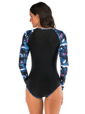 Contrast Raglan Sleeve Zip One Piece Swimsuit