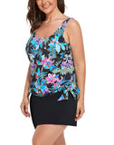 FULLFITALL - Neon Tropical Side Tie Blouson Tankini With A-Line Swim Skirt