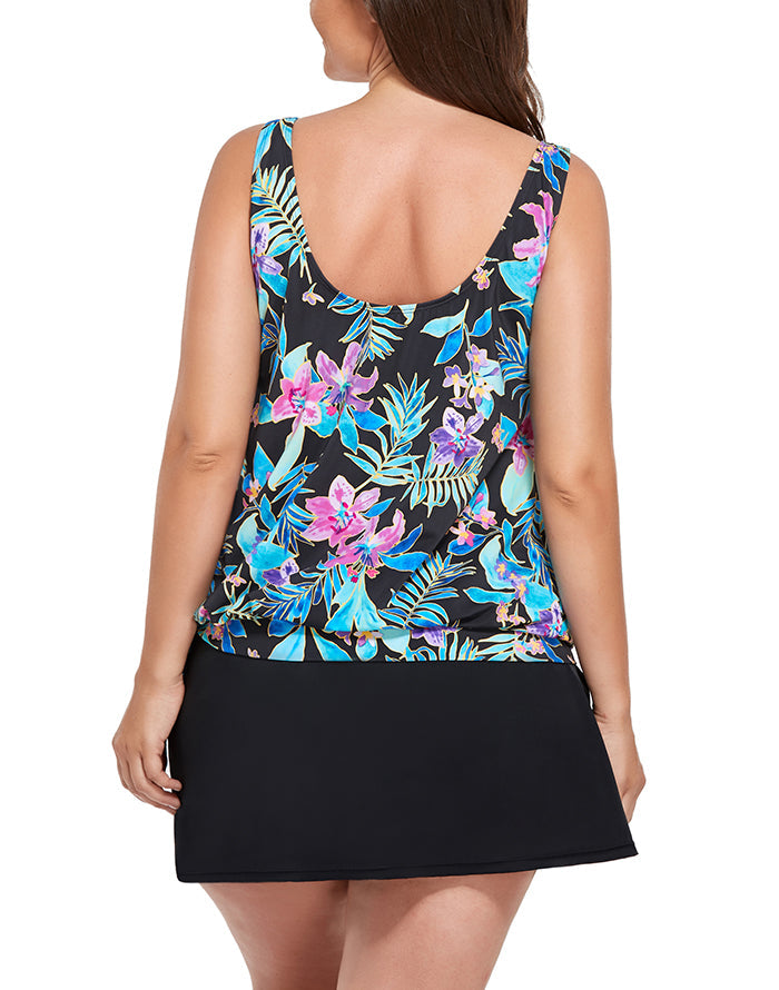 FULLFITALL - Neon Tropical Side Tie Blouson Tankini With A-Line Swim Skirt FULLFITALL - Neon Tropical Side Tie Blouson Tankini With A-Line Swim Skirt