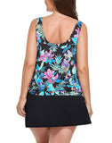 FULLFITALL - Neon Tropical Side Tie Blouson Tankini With A-Line Swim Skirt