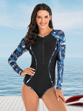 Contrast Raglan Sleeve Zip One Piece Swimsuit