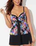 FULLFITALL - Multi Leaves Faux Flyaway Underwire Tankini With Side Slit Swim Skirt