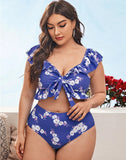 FULLFITALL-Blue Small Broken Flowers V-Neck High Waist Tie Bikini Set