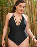 FULLFITALL-Black V-Neck Halter One Piece Swimsuit