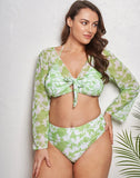 FULLFITALL-Green Halter Long Sleeve Tulle Bikini Set