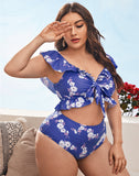 FULLFITALL-Blue Small Broken Flowers V-Neck High Waist Tie Bikini Set