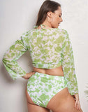 FULLFITALL-Green Halter Long Sleeve Tulle Bikini Set