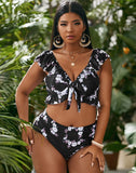 FULLFITALL-Black Small Broken Flowers V-Neck High-Waist Lace-Up Bikini Set