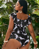 FULLFITALL-Black Small Broken Flowers V-Neck High-Waist Lace-Up Bikini Set