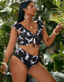 FULLFITALL-Black Small Broken Flowers V-Neck High-Waist Lace-Up Bikini Set