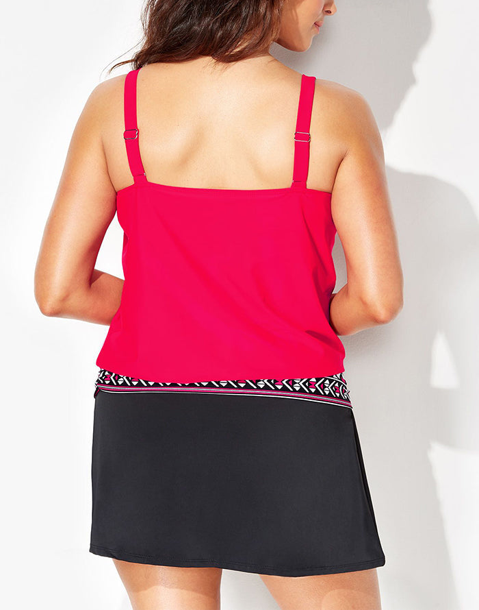 FULLFITALL - Red Loop Strap Blouson Tankini With A-Line Swim Skirt