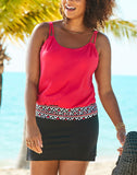 FULLFITALL - Red Loop Strap Blouson Tankini With A-Line Swim Skirt