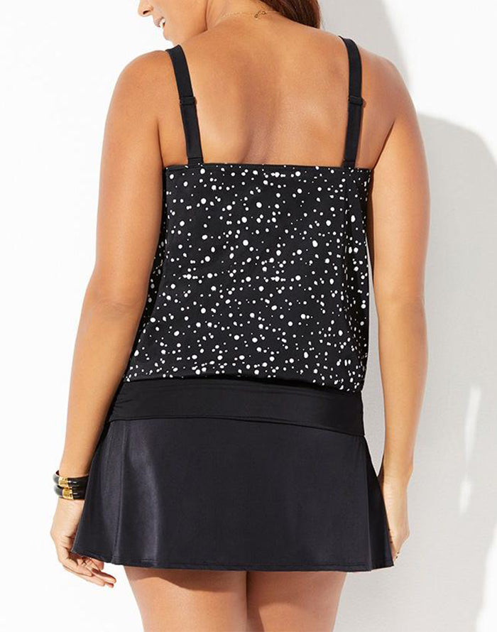 FULLFITALL - Black White Dot Loop Strap Blouson Tankini With A-Line Swim Skirt