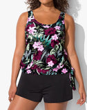 FULLFITALL - Wine Pink Flower Side Tie Blouson Tankini with Cargo Swim Short