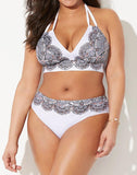 FULLFITALL - Foil Black Lace Print V-Neck Halter Bikini Set