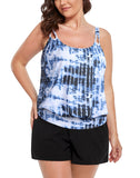 FULLFITALL - Blue Ink Tie Dye Strap Blouson Tankini With Cargo Short