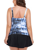 FULLFITALL - Blue Ink Tie Dye Strap Blouson Tankini Set With Skirt