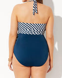 FULLFITALL - Navy Blue Stripes Faux Wrap Halter One Piece Swimsuit