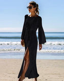 FULLFITALL - Black Knitted long sleeve beach dress Cover Up