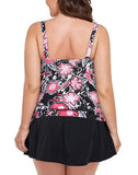 FULLFITALL - Pink Floral Strap Blouson Tankini With Skirt