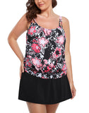 FULLFITALL - Pink Floral Strap Blouson Tankini With Skirt