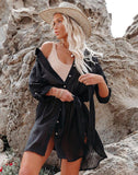 FULLFITALL - Black shirt-style loose long-sleeved beach blouse