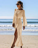 FULLFITALL - Beige Knitted long sleeve beach dress Cover Up