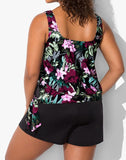 FULLFITALL - Wine Pink Flower Side Tie Blouson Tankini with Cargo Swim Short