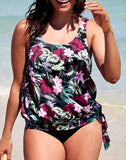 FULLFITALL - Wine Pink Flower Side Tie Blouson Tankini Set