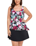 FULLFITALL - Wine Pink Flower Side Tie Blouson Tankini With A-Line Swim Skirt