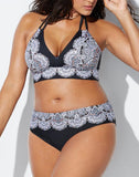 FULLFITALL - Black White Lace Print V-Neck Halter Bikini Set