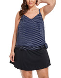 FULLFITALL - Navy Blue Dots Side Tie Tankini With A-Line Swim Skirt