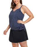 FULLFITALL - Navy Blue Dots Side Tie Tankini With A-Line Swim Skirt