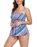 FULLFITALL - Pink Blue Zigzag Smocked Bandeau Tankini Set