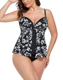 FULLFITALL - Black White Floral Faux Flyaway Underwire Tankini Set