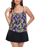 FULLFITALL - Purple Rose Lightweight Blouson Tankini With Side Slit Swim Skirt