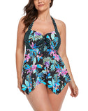 FULLFITALL - Neon Tropical Print Handkerchief Halter Tankini Set