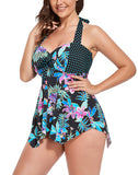 FULLFITALL - Neon Tropical Print Handkerchief Halter Tankini Set