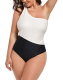 FULLFITALL - Black Cream One Shoulder One Piece Swimsuit