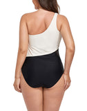 FULLFITALL - Black Cream One Shoulder One Piece Swimsuit