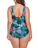 FULLFITALL - Pink Green Floral Sarong Front One Piece Swimsuit