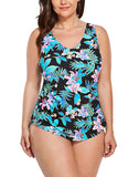 FULLFITALL - Pink Green Floral Sarong Front One Piece Swimsuit