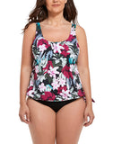 FULLFITALL - Wine Pink Flower Side Tie Blouson Tankini Top