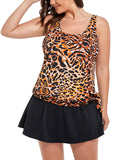 FULLFITALL - Leopard Print Side Tie Blouson Tankini With A-Line Swim Skirt