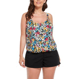 FULLFITALL - Small Floral Painting Loop Strap Blouson Tankini with Cargo Swim Short