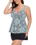 FULLFITALL - Mint Medallion V-NECK Flowy Tankini With A-Line Swim Skirt